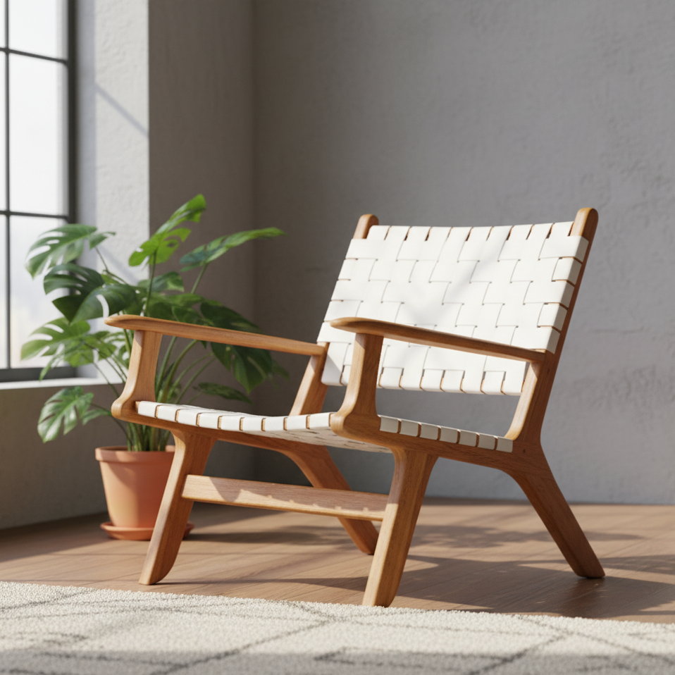 Boho Teak Leather Relaxing Armchair White