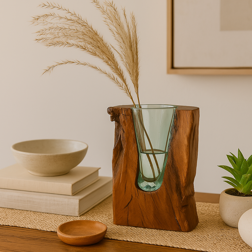 Unique Teak & Glass Vase