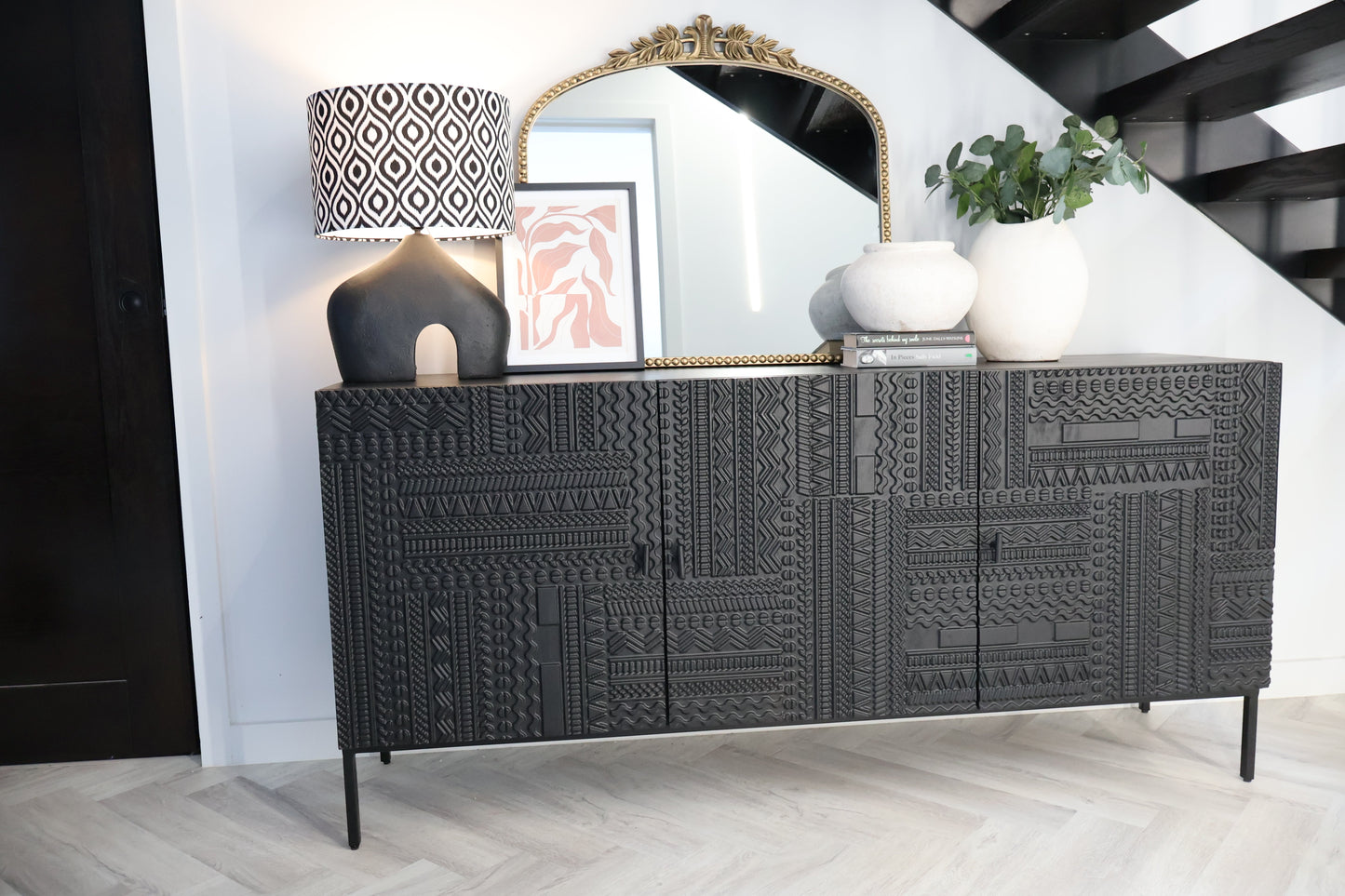 Rare Carved Black Sideboard