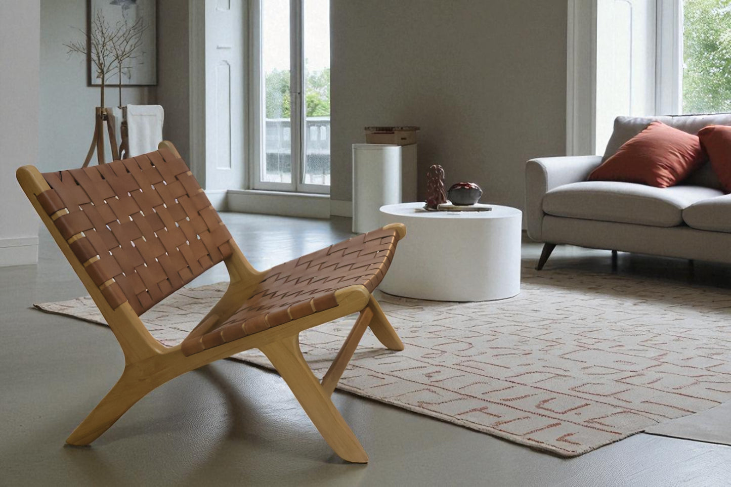 Boho Teak Leather Relaxing Lounge Chair Tan