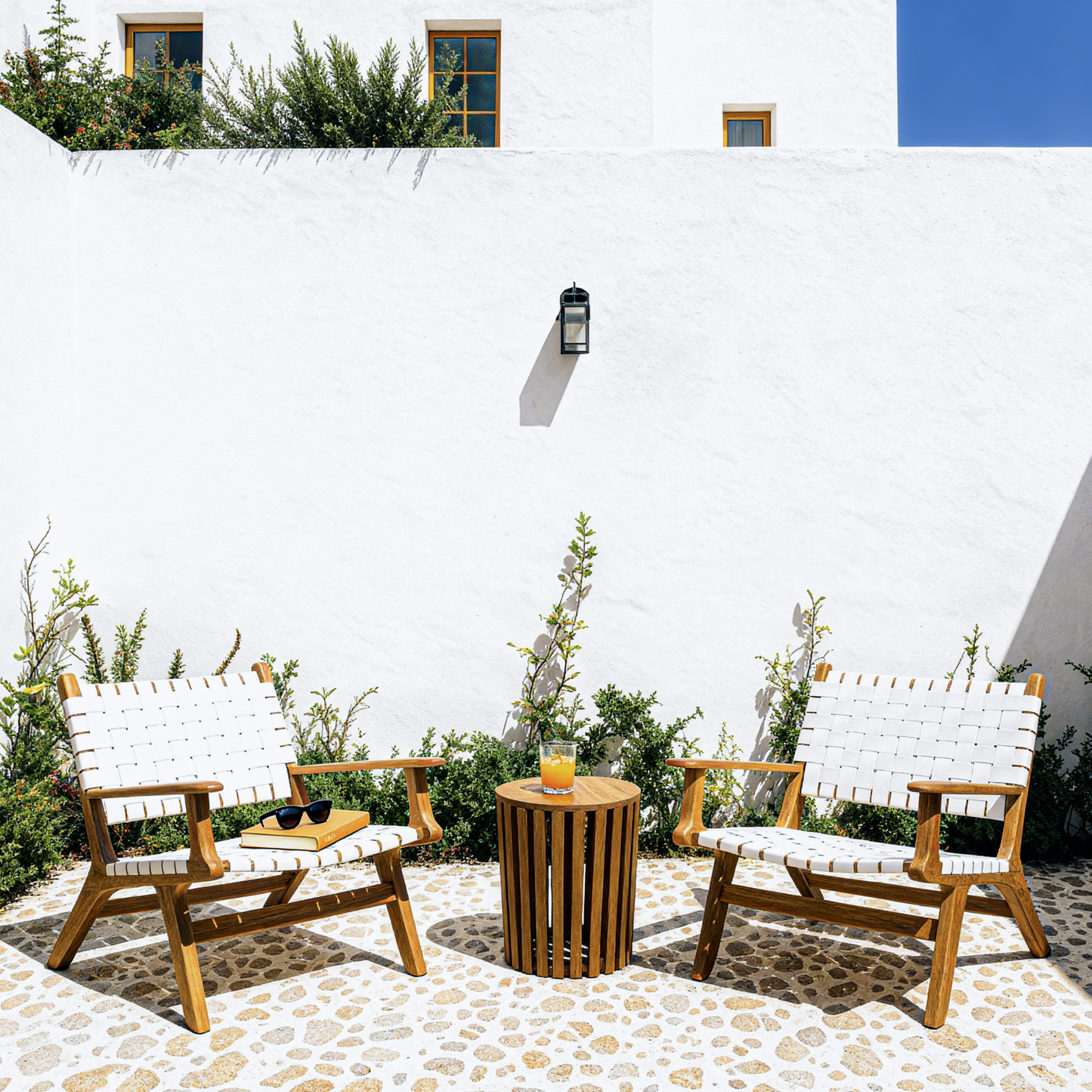 Boho Teak Leather Relaxing Armchair White