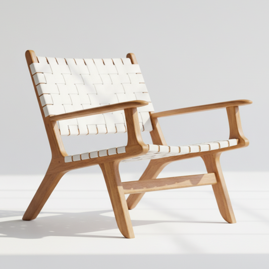 Boho Teak Leather Relaxing Armchair White