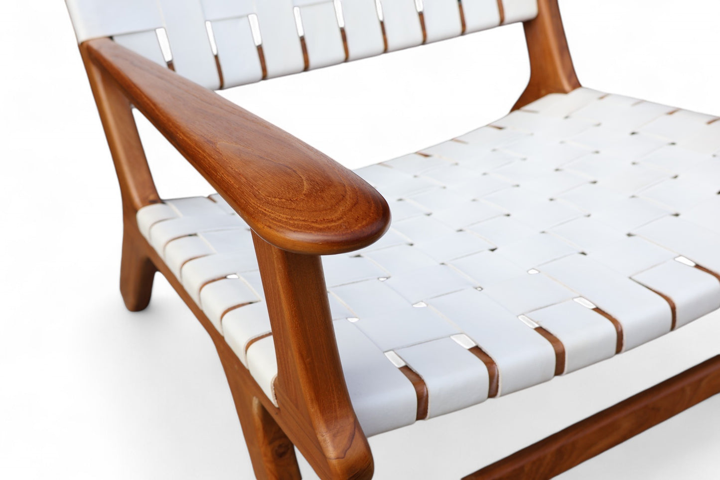 Boho Teak Leather Relaxing Armchair White